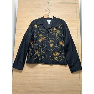 SLB Womens Black 100% Silk Embroidered Leaf Button Front Jacket‎ Size 6